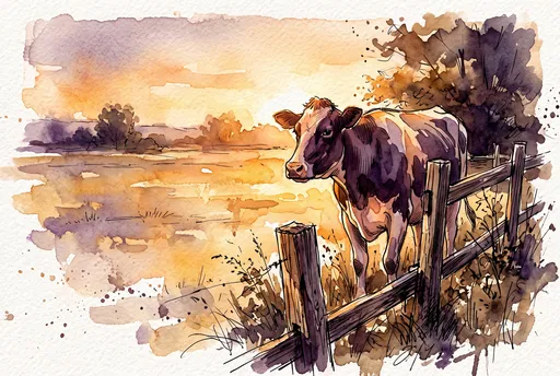 Watercolor Dairy Cow by Wooden Fence