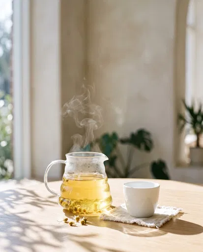 Steaming Chamomile Tea Carafe and Cup