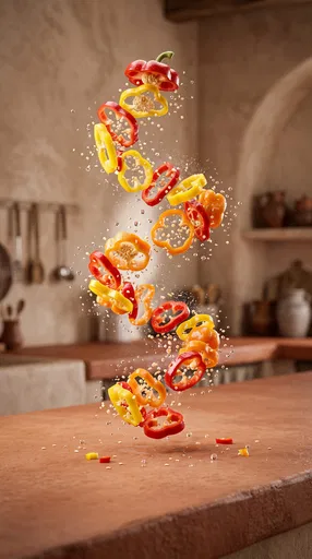 Floating Bell Pepper Slices in Kitchen