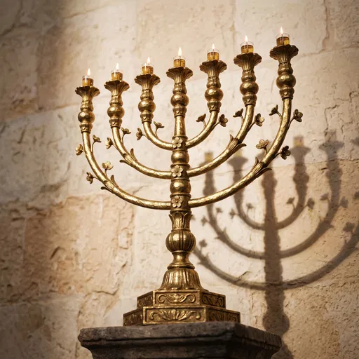 Ornate Golden Seven-Branched Menorah Lit