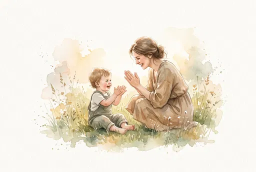 Watercolor Mother and Child Clapping in Meadow