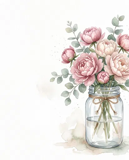 Watercolor Pink Peonies in Glass Mason Jar