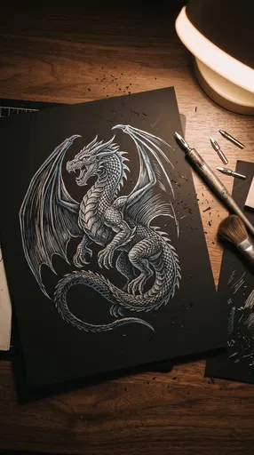 Scratchboard Dragon Illustration on Artist Desk