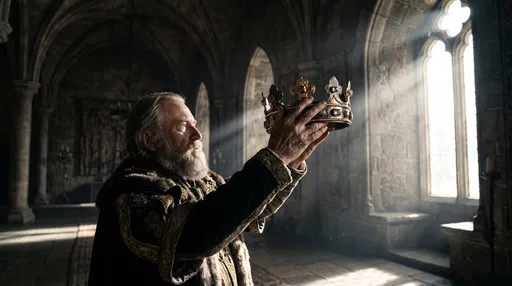 Older King Lifting Crown in Castle