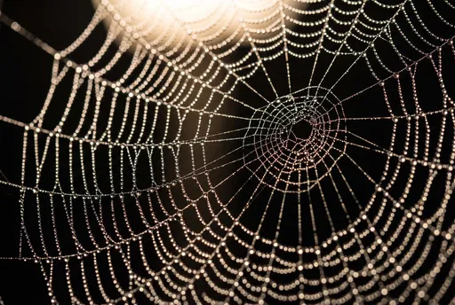 Glowing Dewdrops on Nighttime Spiderweb