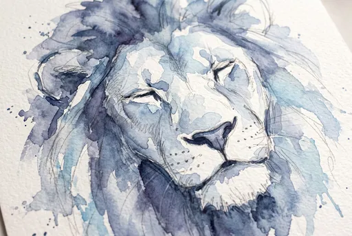 Blue Watercolor and Pencil Lion Drawing