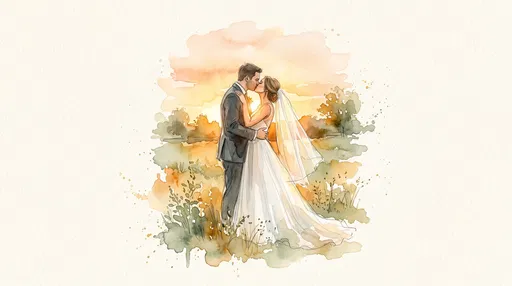 Watercolor Bride and Groom Kissing at Sunset