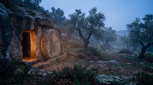 Ancient Empty Tomb in Misty Olive Grove