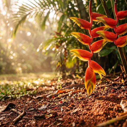 Dewy Heliconia Blossoms Over Red Soil