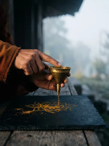 Hands Pouring Ochre Mandala on Slate