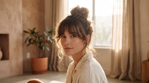 Woman With Messy High Bun and Bangs