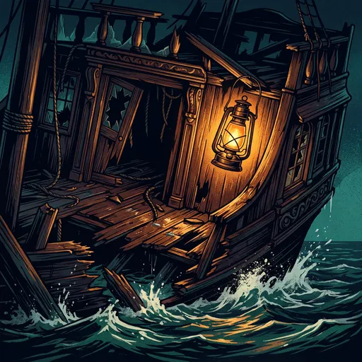 Glowing Lantern on Wrecked Pirate Ship