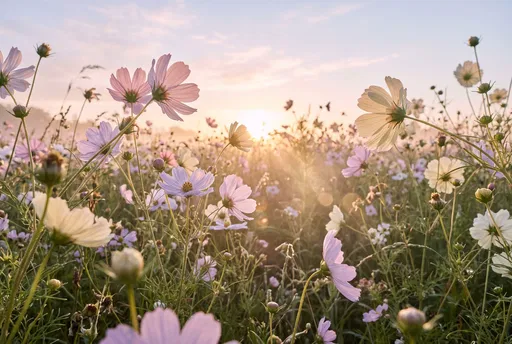 Pastel Cosmos Flowers in Sunrise Meadow