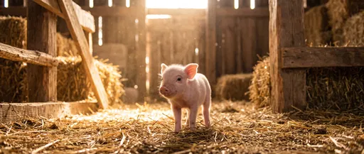 Newborn Piglet in Sunlit Barn