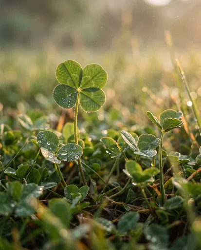 Sunlit Four-Leaf Clover in Dewy Meadow