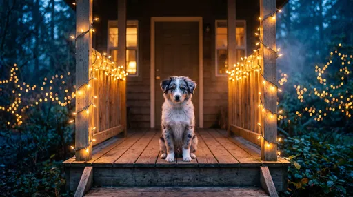 Australian Shepherd Puppy on Lit Porch