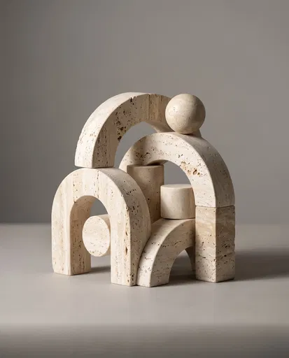 Minimalist Travertine Stone Geometric Sculpture