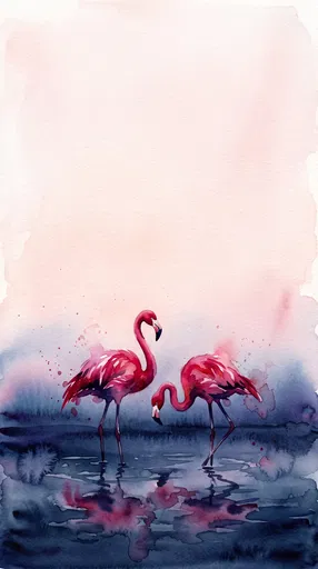 Watercolor Pink Flamingos in Dark Water