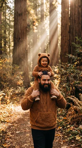 Father Carrying Toddler in Redwood Forest