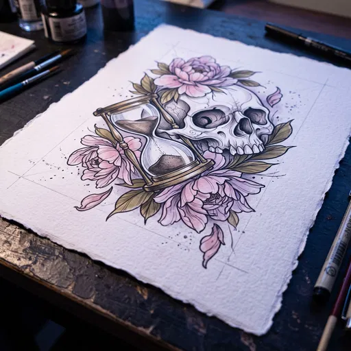 Skull and Hourglass Tattoo Flash Illustration