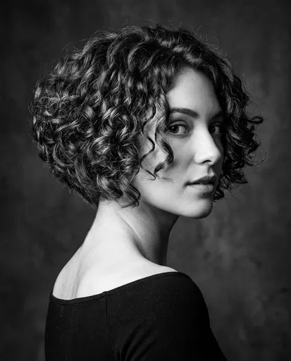 Monochrome Portrait of Woman with Curly Bob