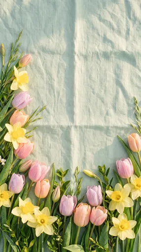 Spring Tulips and Daffodils on Mint Linen