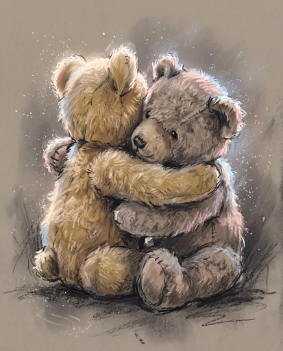 Pastel Drawing of Two Hugging Teddy Bears