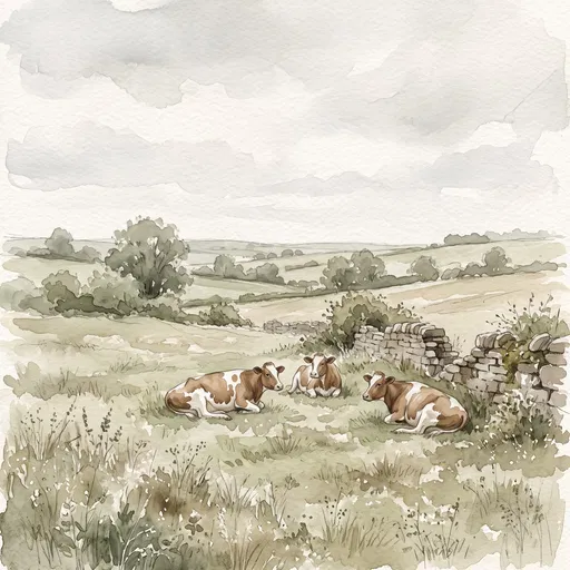 Watercolor Countryside Meadow With Resting Cows