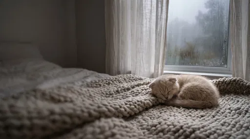Sleeping Beige Kitten on Knit Blanket