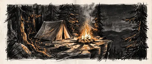 Charcoal Sketch of Cliffside Campfire and Tent