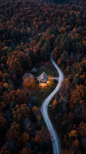 Aerial View of Autumn Farmhouse at Dusk