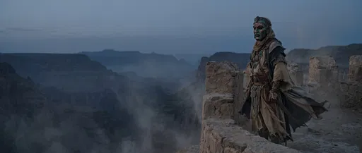 Masked Desert King Overlooking Misty Canyon
