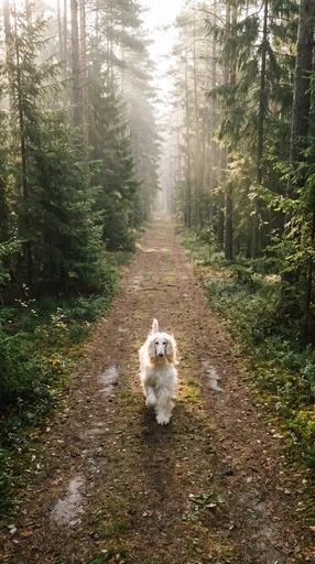 White Afghan Hound on Misty Forest Trail