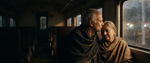 Elderly Couple Kissing on Rainy Train