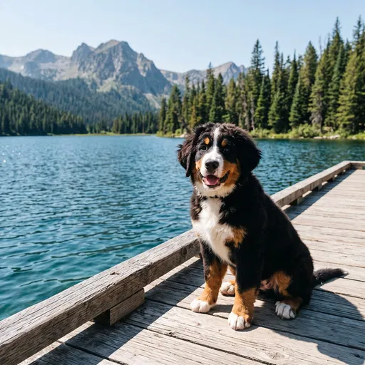 Bernese Mountain Dog Puppy on Lake Dock