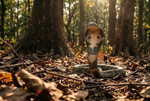 King Cobra Raised in Sunlit Forest