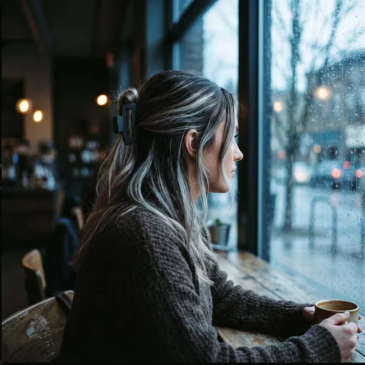 Woman With Blonde Highlights in Rainy Cafe