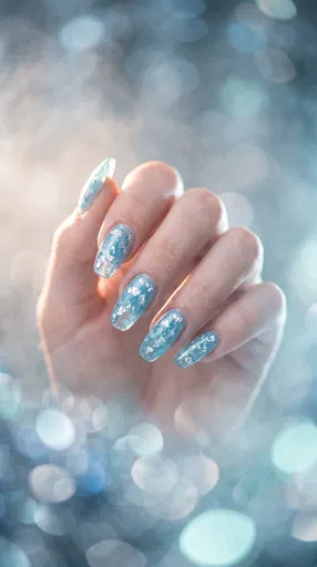 Ice Blue Gel Nails With Silver Foil