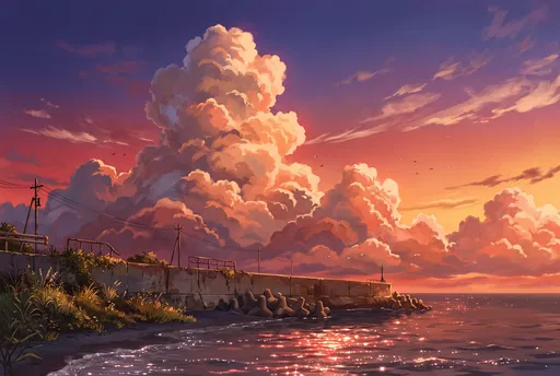 Anime Coastal Sunset With Towering Clouds