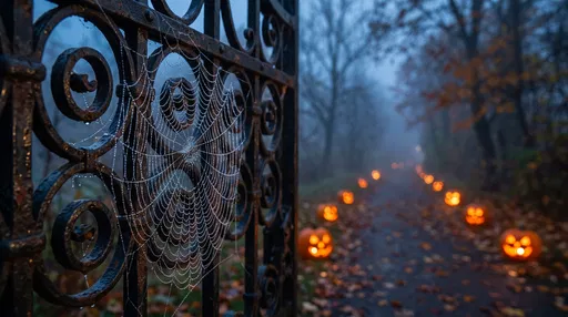 Dewy Spiderweb on Gate Near Pumpkin Path