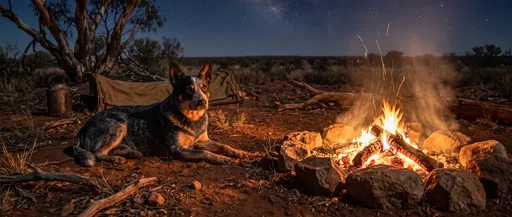 Blue Heeler Dog Resting by Outback Campfire