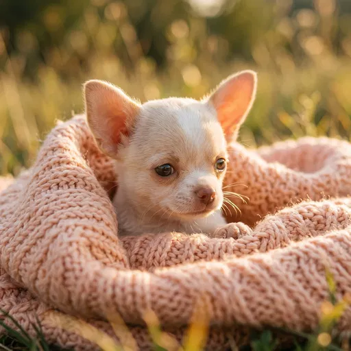 Chihuahua Puppy in Peach Knit Blanket