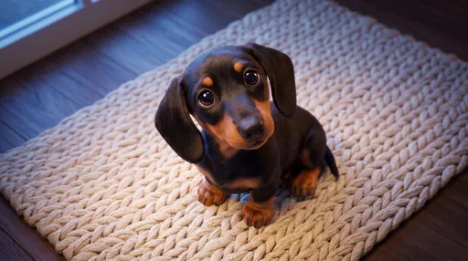 Cute Dachshund Puppy On Woven Rug