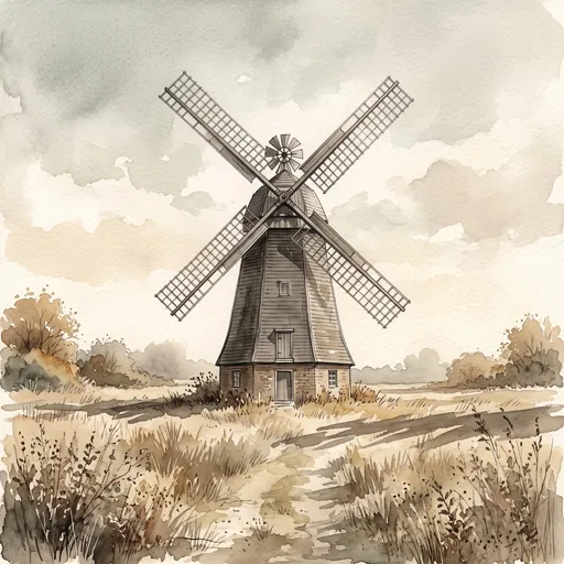 Watercolor Illustration of Historic Countryside Windmill