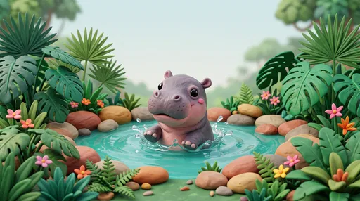3D Clay Baby Hippo in Pond