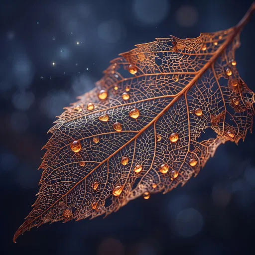 Skeletonized Autumn Leaf With Amber Droplets
