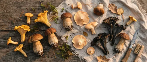 Freshly Foraged Autumn Mushrooms Flat Lay
