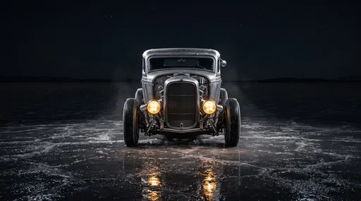 Vintage Hot Rod on Salt Flats at Night