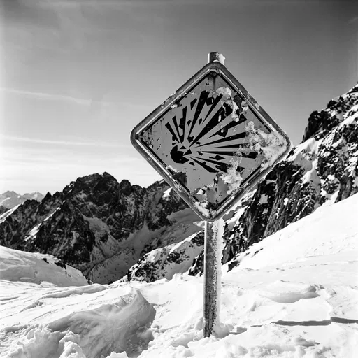 Monochrome Alpine Warning Sign in Deep Snow