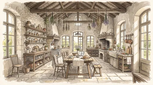 Watercolor French Country Farmhouse Kitchen Illustration